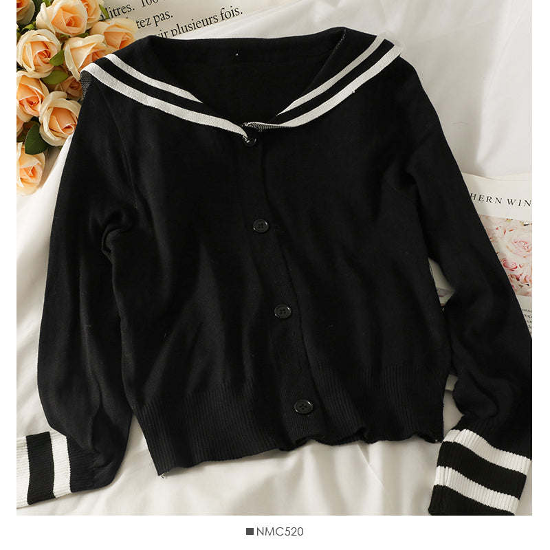 Striped single breasted Navy neck loose knit women's shirt  2063