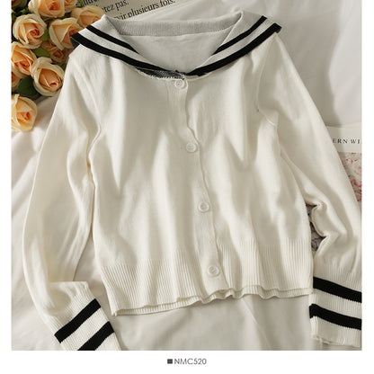 Striped single breasted Navy neck loose knit women's shirt  2063