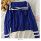 Striped single breasted Navy neck loose knit women's shirt  2063