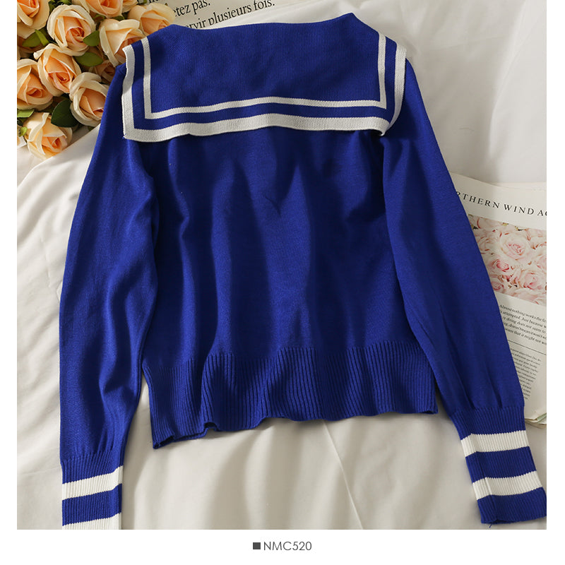 Striped single breasted Navy neck loose knit women's shirt  2063