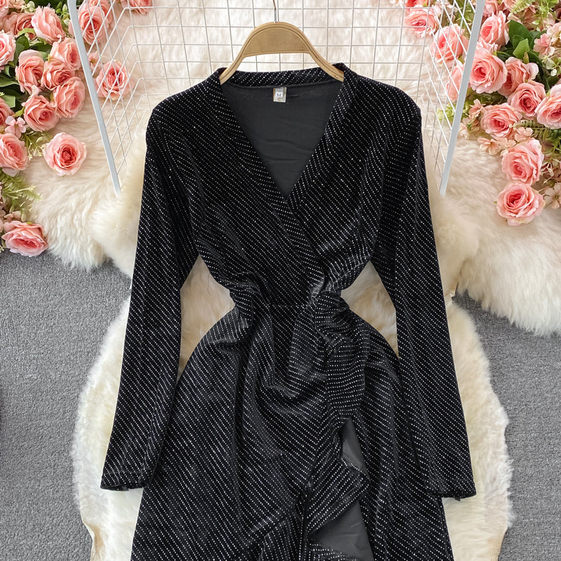 Hot diamond V-neck velvet dress fishtail long skirt  3107