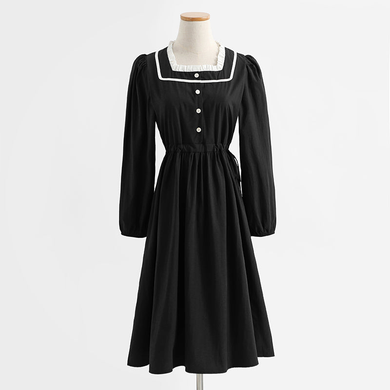 French retro long sleeved dress, college style, slim waist, red bottomed skirt  2269