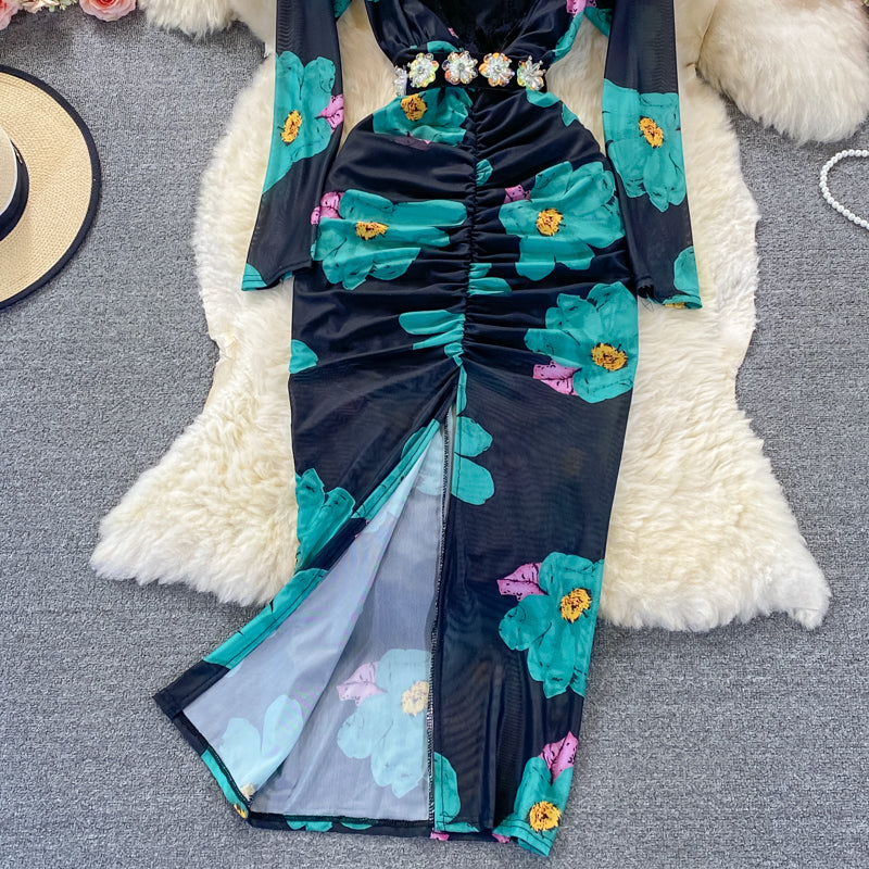 Sexy V-neck printed elastic slim wrap hip dress  3248