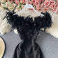 Hairy stitched herringbone neck exposed shoulder bag hip fishtail skirt  3433