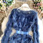 Round neck fluffy long sleeve Hip Wrap A-line skirt  2880