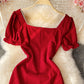 Retro disc buckle temperament bubble sleeve square neck dre  2808