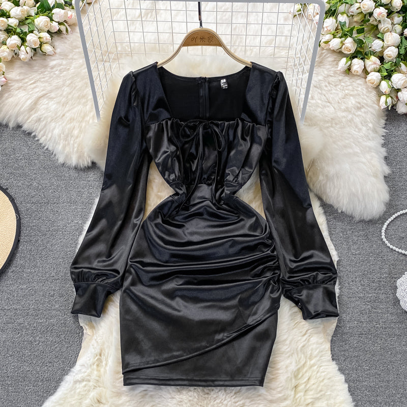 Sexy square neck acetate Satin wrinkle slim wrap hip dress  3385
