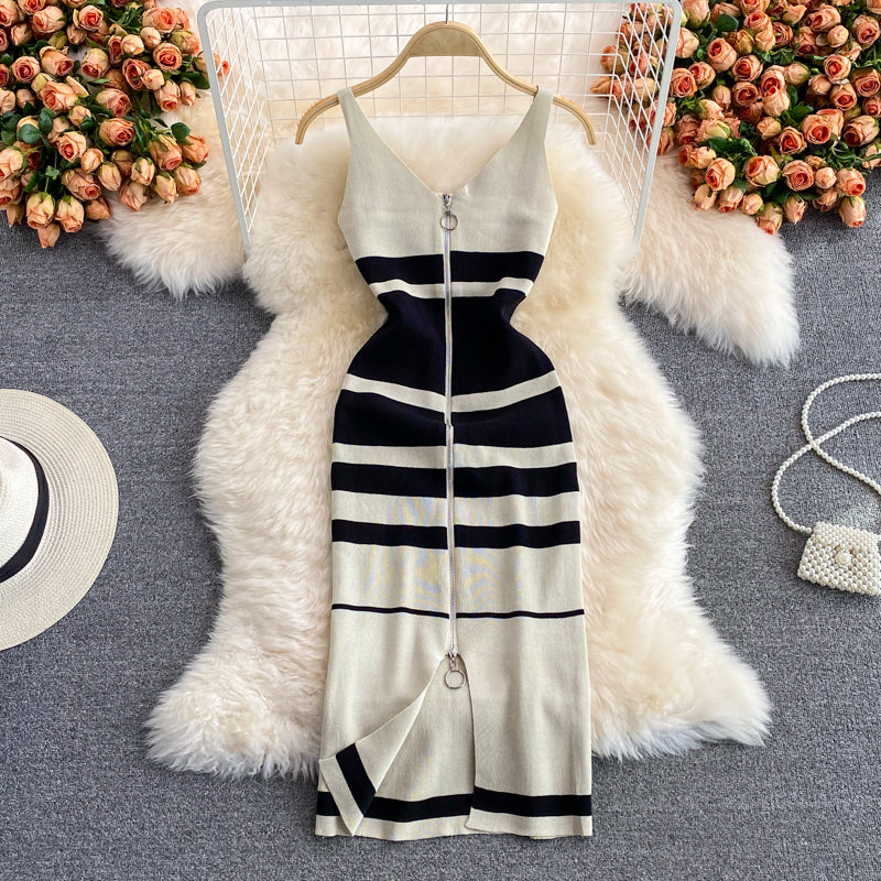 Sleeveless zipper V-neck contrast medium length knitted vest skirt  2992