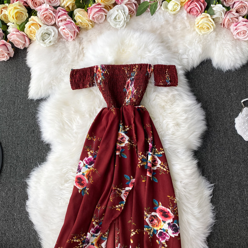 Fashion temperament one shoulder Strapless Floral Dress  2927