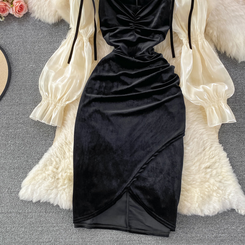 Sexy bubble sleeve temperament slim wrap hip dress  3264