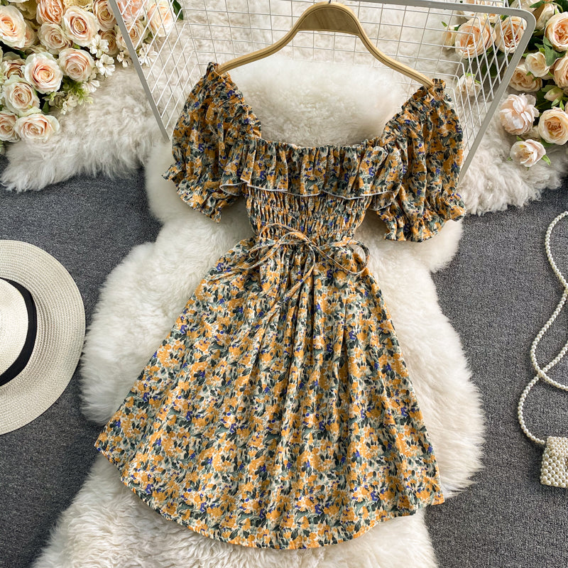 French sweet waist closing thin square neck bubble sleeve Floral Dress  3189