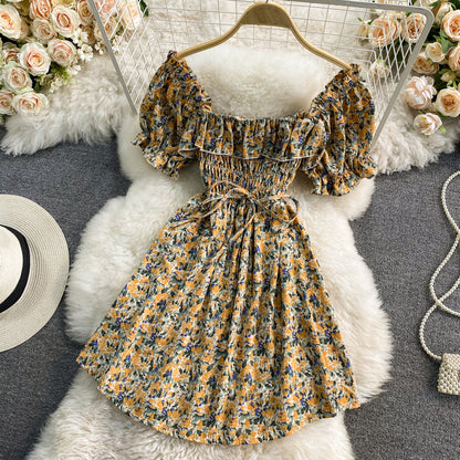 French sweet waist closing thin square neck bubble sleeve Floral Dress  3189