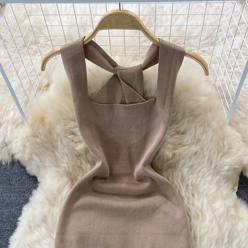 Hanging neck open back square neck knitted Hip Wrap Dress  2768