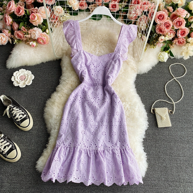 Lace hollow bubble sleeve temperament flounce suspender dress  2765