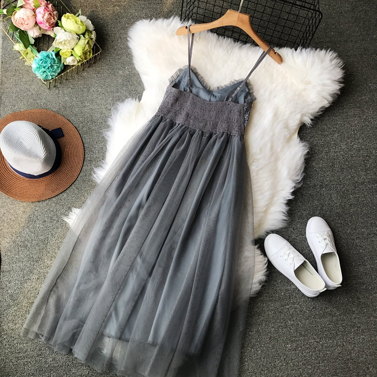 Embroidered Flower high waist thin mesh puffy dress  3397