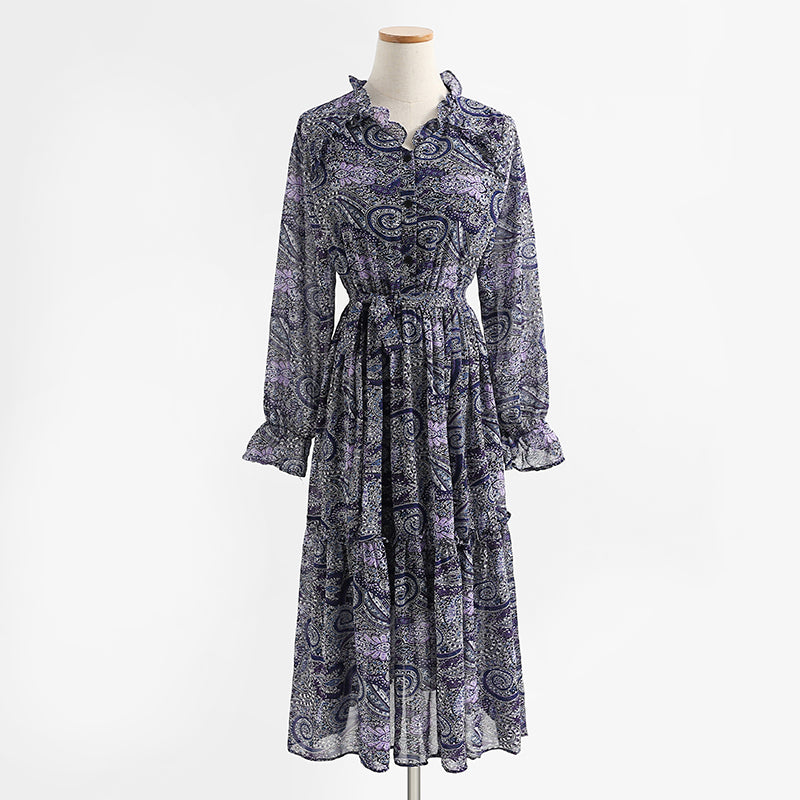 Temperament: slim waist, long sleeved chiffon dress with backing  2214