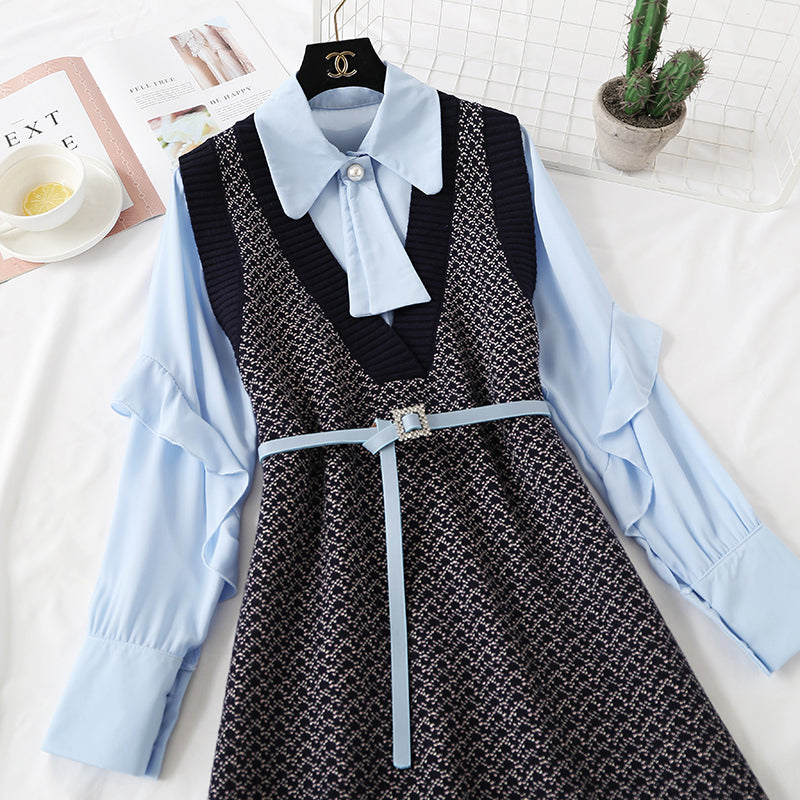 Knitted dress female autumn winter shirt vest skirt sweater skirt net red suit skirt  2351