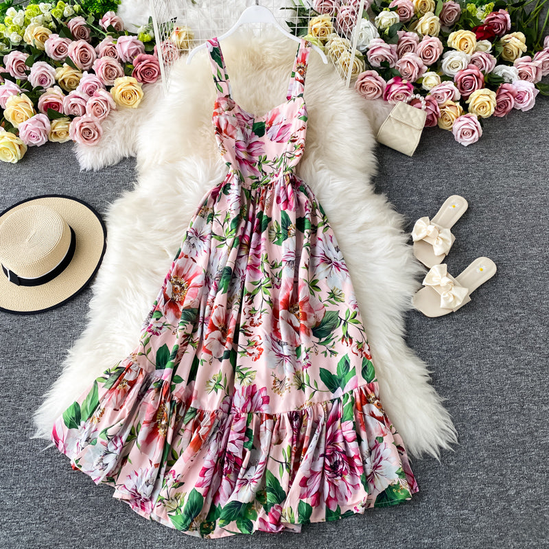 Geblümtes Kleid mit offenem Rücken, französischer langer Rock 2847