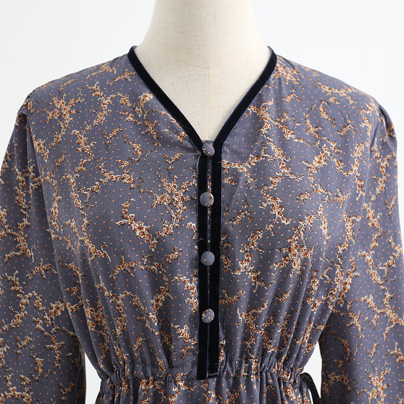 French retro minority temperament gentle wind long sleeve Floral Dress  2254