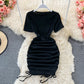 Sexy drawstring temperament slim round neck tight buttock dress  2777