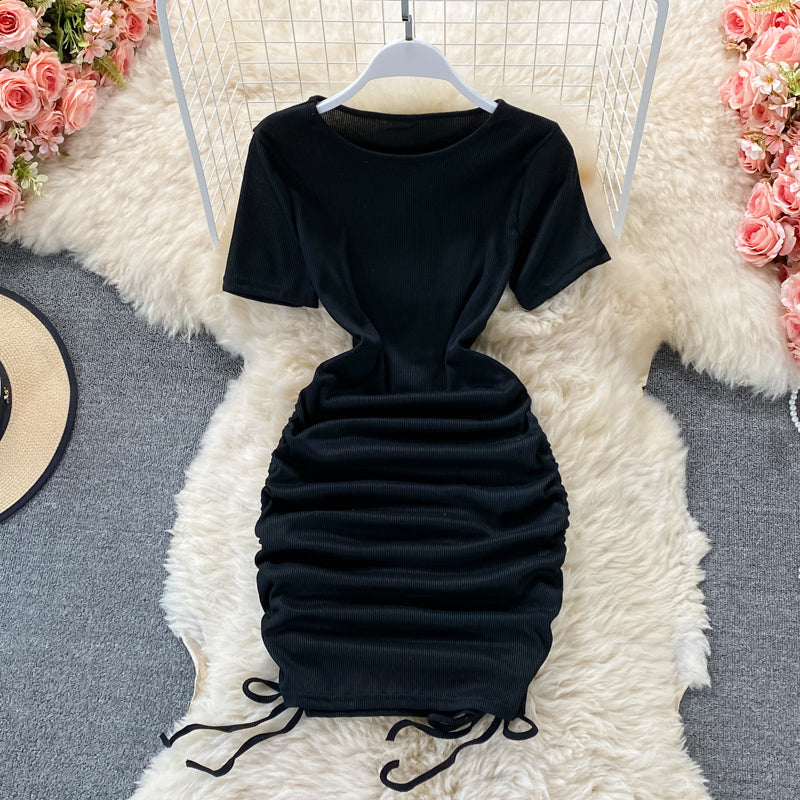 Sexy drawstring temperament slim round neck tight buttock dress  2777