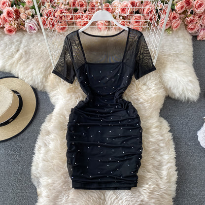 Schlankes, schlankes, plissiertes Hüftwickelkleid mit heißem Bohrer und Mesh 3304
