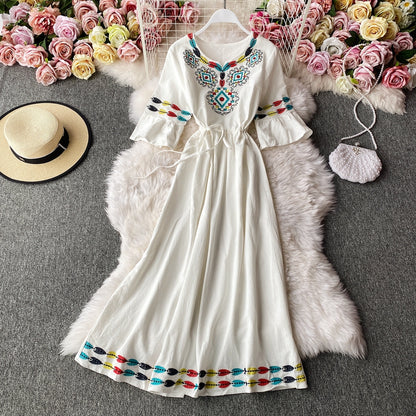 Embroidered trumpet sleeve V-neck waist cotton hemp loose holiday dress  2948