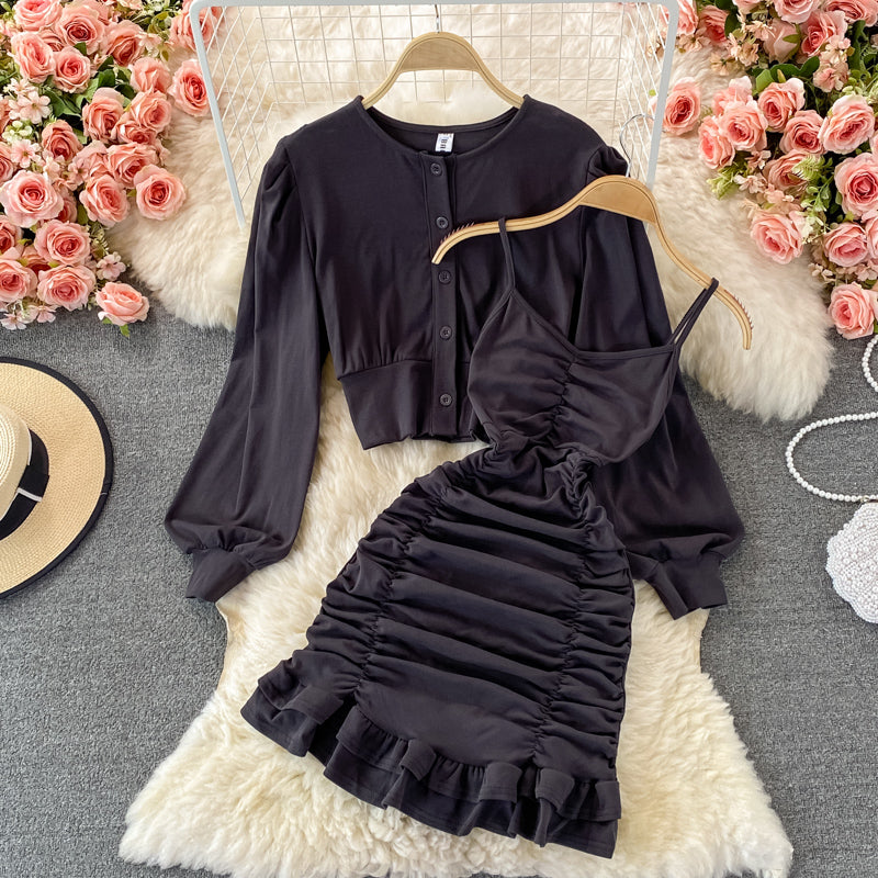 Slim suspender skirt Ruffle wrap hip dress  2859