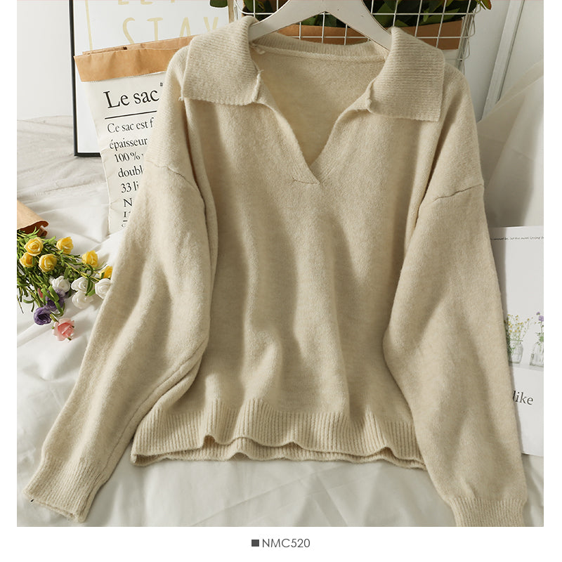 Neuer Vintage Revers lockerer dünner Pullover Pullover für Frauen 1805