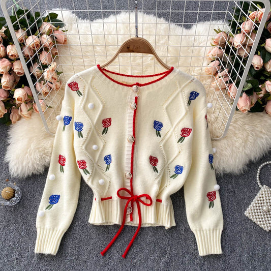 Cardigan en tricot, vintage, broderie de fleurs, pull ample à manches longues, haut à bretelles spaghetti à paragraphe court, doux deux ensembles 1339