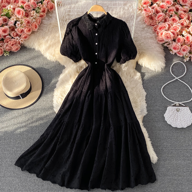 Elegant bubble sleeve long skirt with large hem  3065