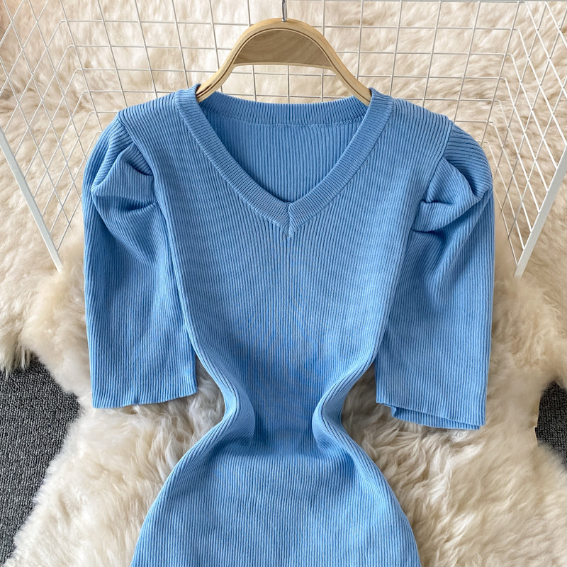 Temperament bubble sleeve slim V-neck wrap hip dress  2895