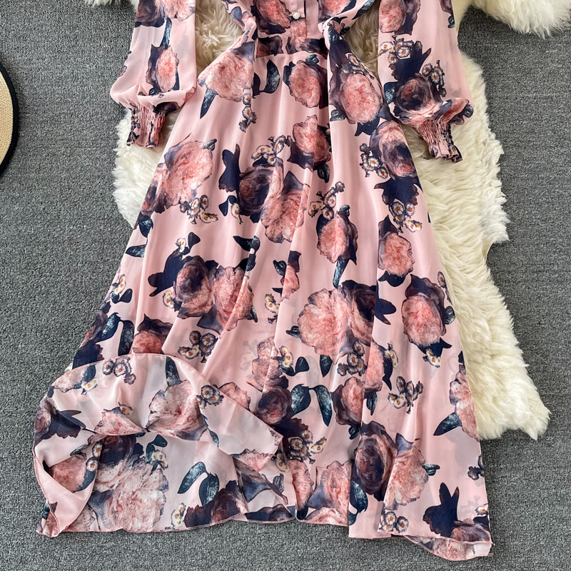 Slim waist and slim temperament French Vintage Chiffon Dress  3198