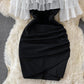 Straight neck off shoulder temperament Hepburn wrap hip short skirt  3209