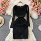 Tassel stitched bright silk irregular fold wrap hip round neck dress  3093