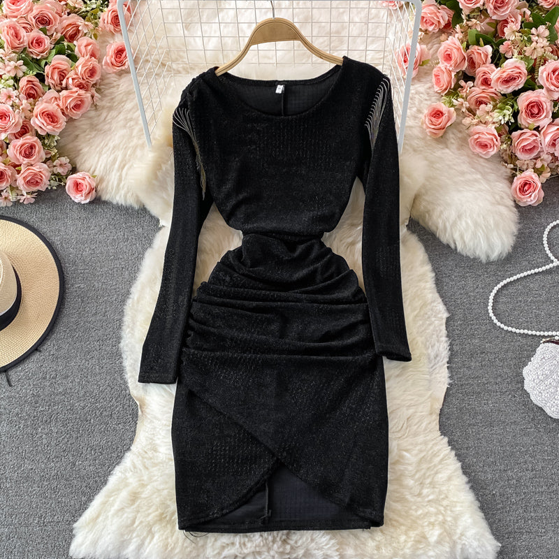 Tassel stitched bright silk irregular fold wrap hip round neck dress  3093
