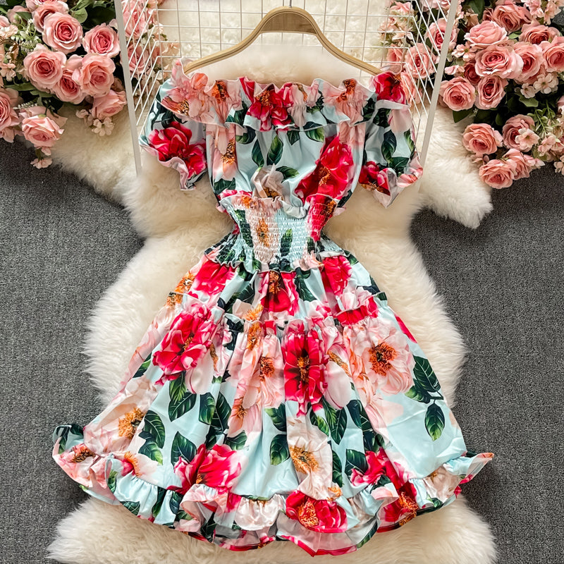 Waist print Ruffle A-line skirt dress  3194