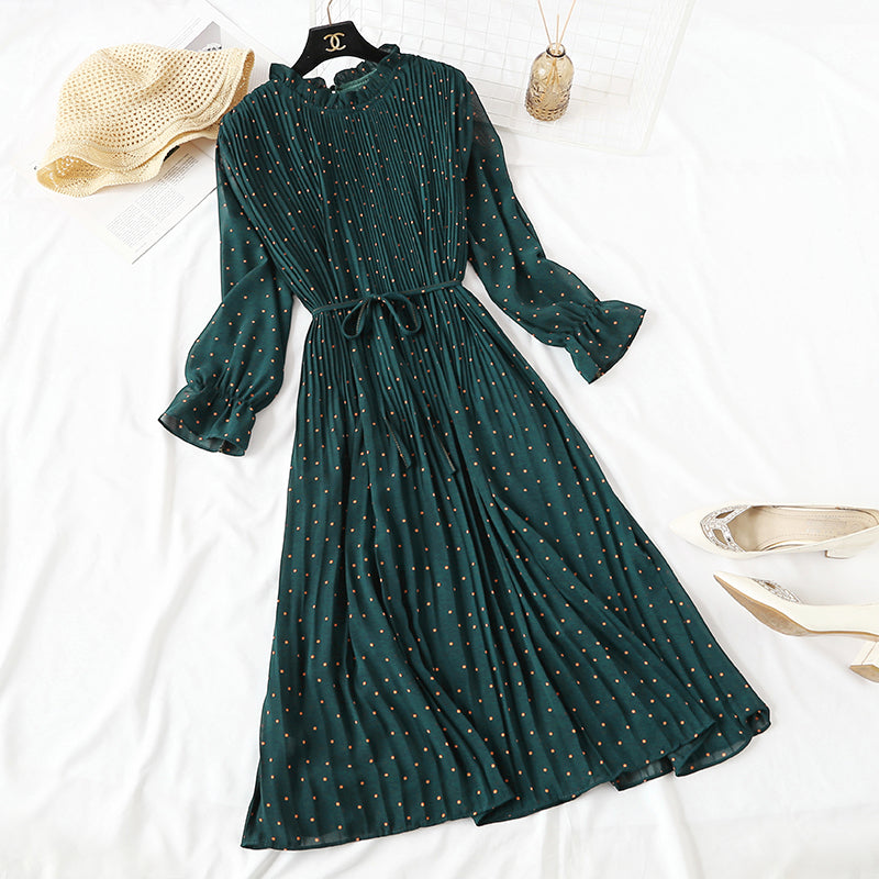 Wave point dress new autumn and winter dress French retro broken flower chiffon long skirt  2128