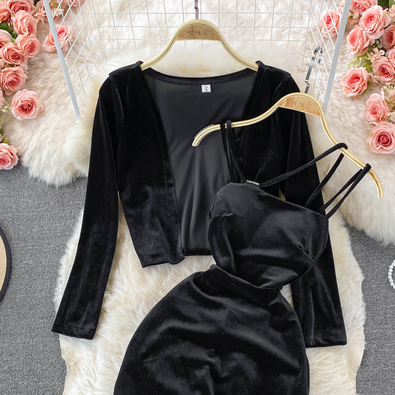 Velvet suspender Hip Wrap Dress  3261