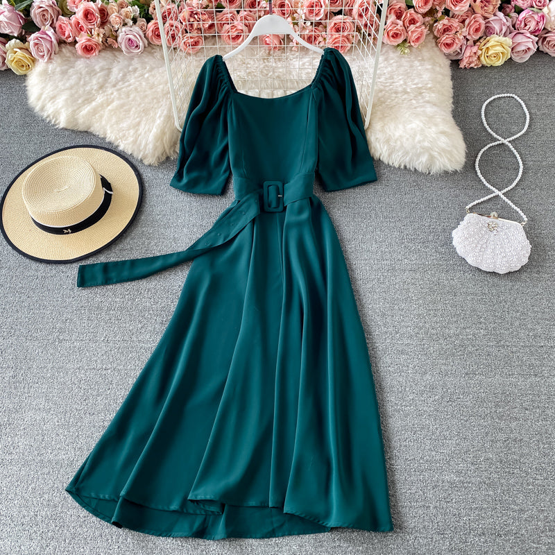 French square neck bubble sleeve lace up waist slim backless dress  3170