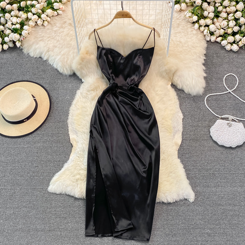 V-neck suspender dress fashion medium length split Hip Bag  3129