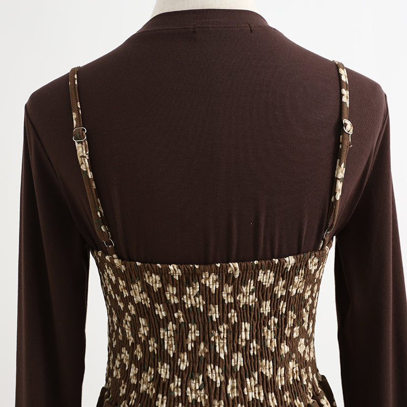 Floral skirt corduroy suspender dress women's two-piece suit  2177