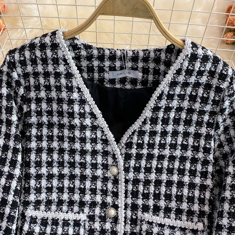 Vintage small fragrance woven tweed V-neck coat  1664