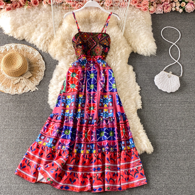 Printed ethnic embroidery suspender dress  3439