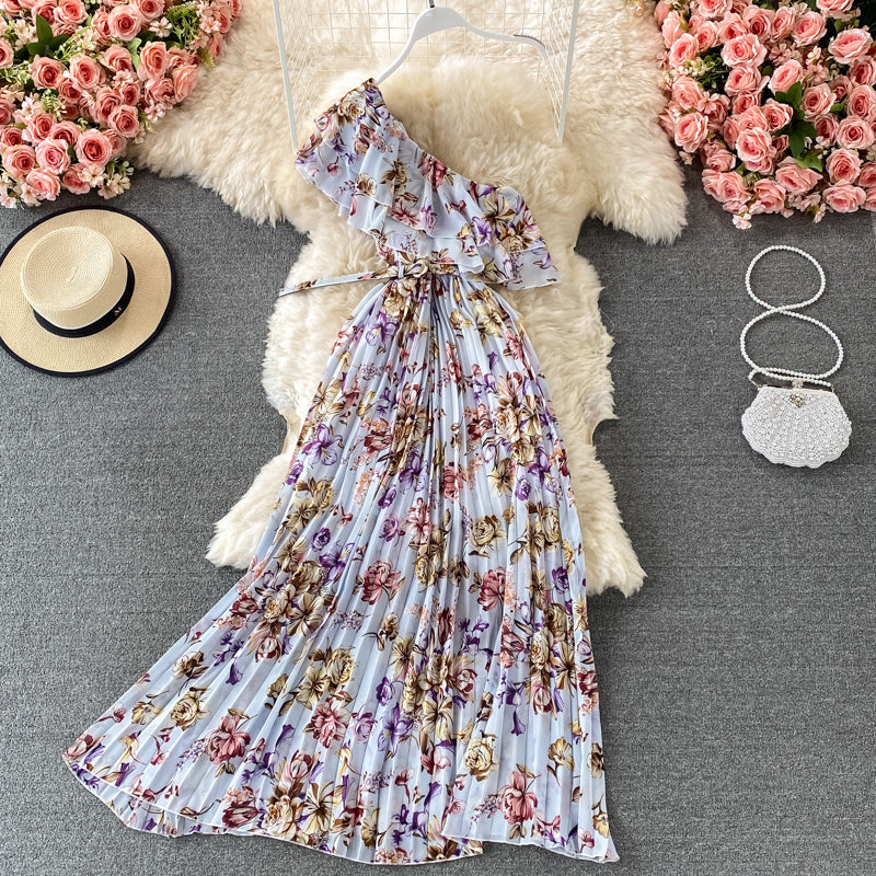 Ruffle waist Pleated Chiffon Floral Dress  2972