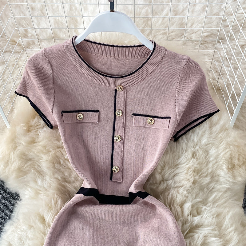 Slim round neck knitted Hip Wrap Dress  2975