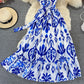 Blue and white porcelain printed Ruffle sleeveless Crew Neck Dress  2981