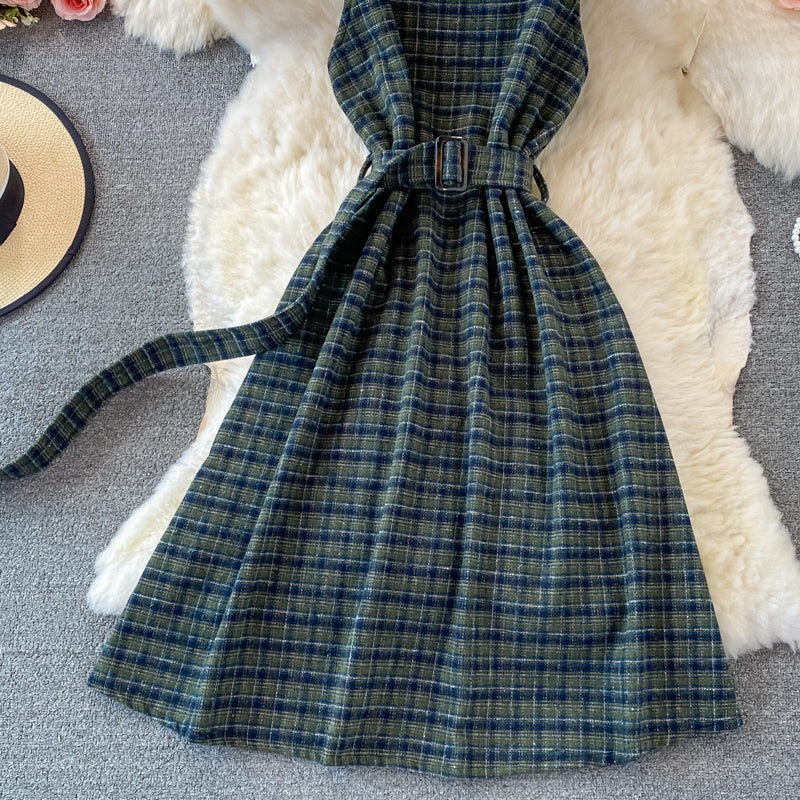 French retro Plaid strap skirt versatile backless A-line dress  2867
