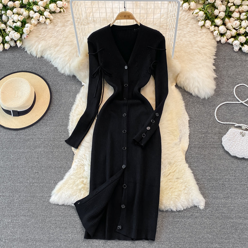 Fashion celebrity V-neck knitted dress  3380