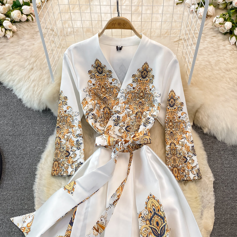 Court Vintage printed long sleeved dress with large swing  3382